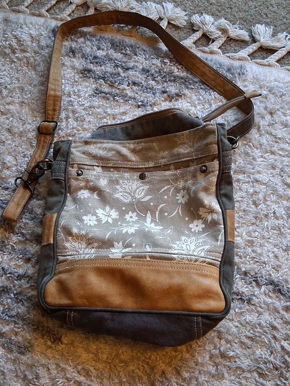 Myra Bag Canvas Leather Floral Crossbody Bag in Beige and Brown
